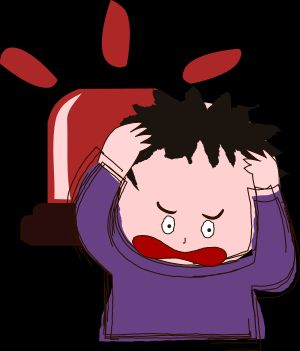 ilustração com um menino estilo cartoon, mãos na cabeça e expressão perturbada, olhos e boca bem abertos, com uma sirene ligada atrás